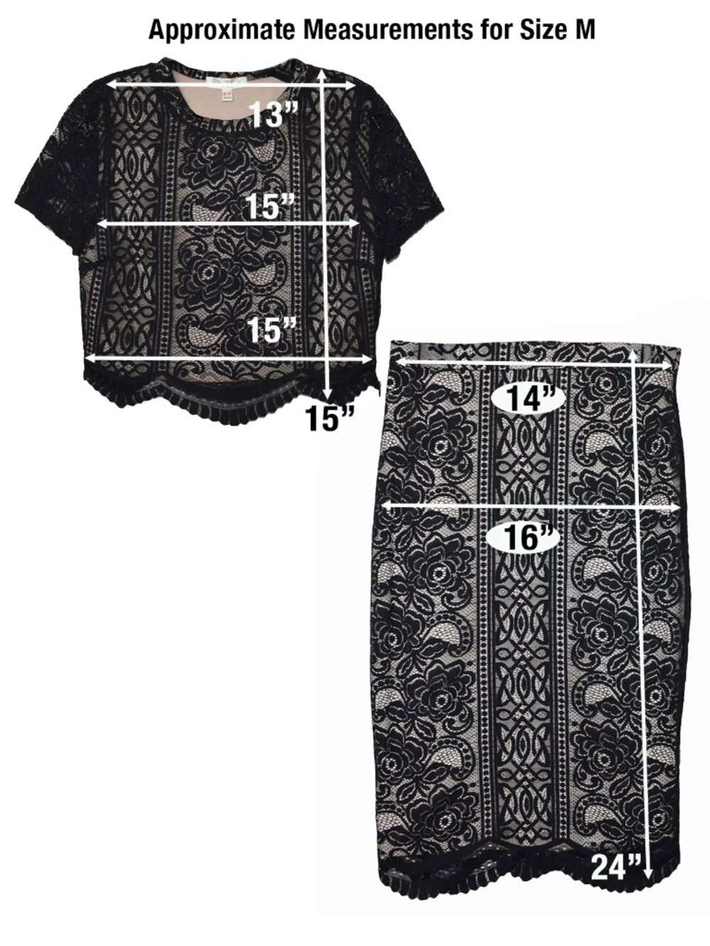 Women’s Black Lace 2-Piece Outfit Short Sleeve Top & Pencil Skirt Size M - Picture 8 of 8